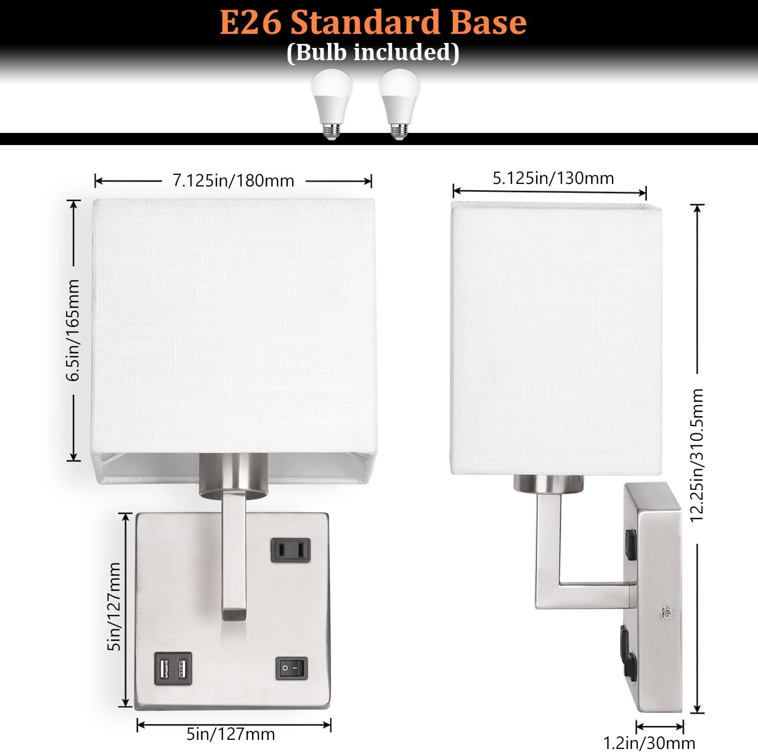 AVV Bedroom Sconces Set of 2, Wall Mounted Bedside Lamps with USB Port, AC Outlet and 3 Color Selectable