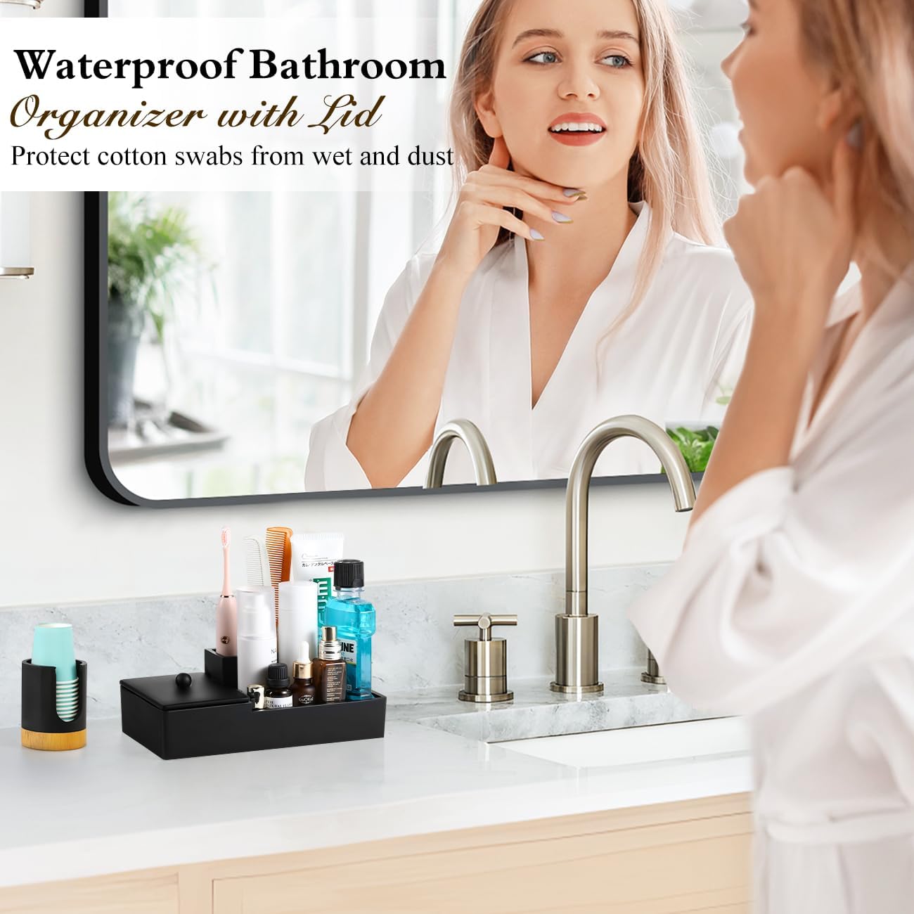 Luxspire Bathroom Counter Organizer with Lid, 6 Slots, Matte Black | Bathroom Vanity Organizer, Bathroom Organizer