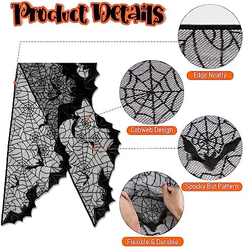 AerWo Halloween Decorations Indoor Fireplace Mantel Scarf, Black Lace Spiderweb Fireplace Cover for Halloween Mantle Decor Festive Party Supplies,20x79 inches