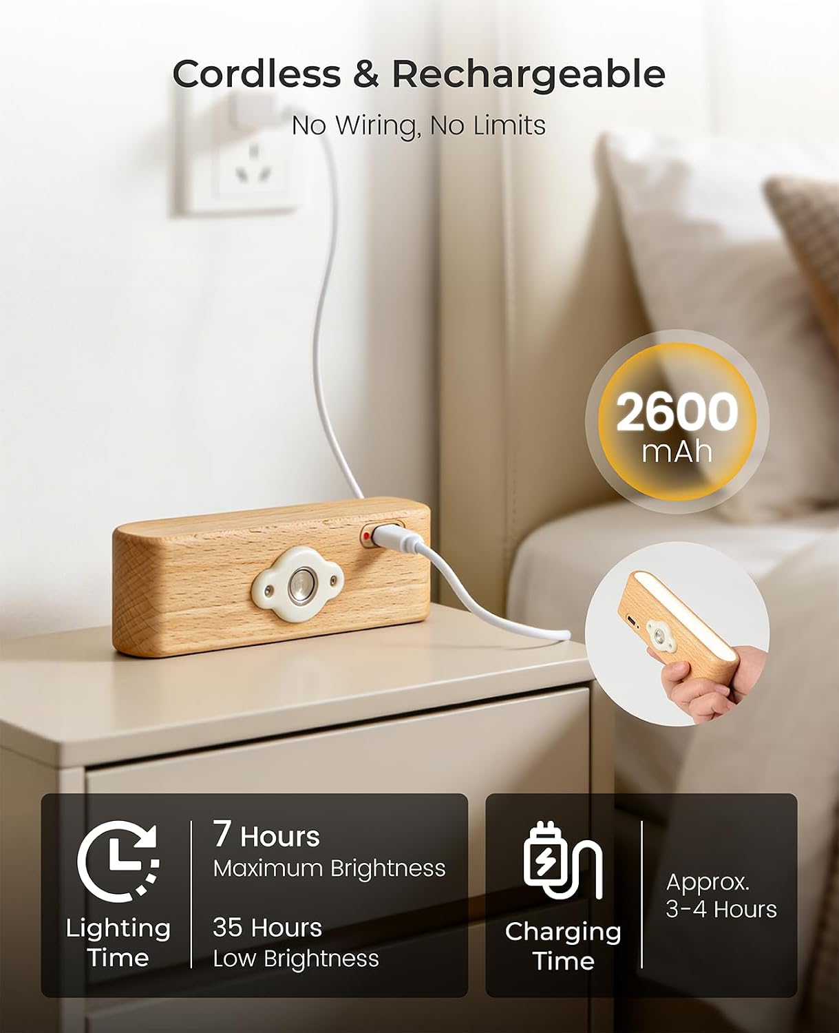 Wood Wall Sconce, Rechargeable Reading Light, Magnetic Bedside Lamp | Touch Control Reading Light for Headboard, 360°