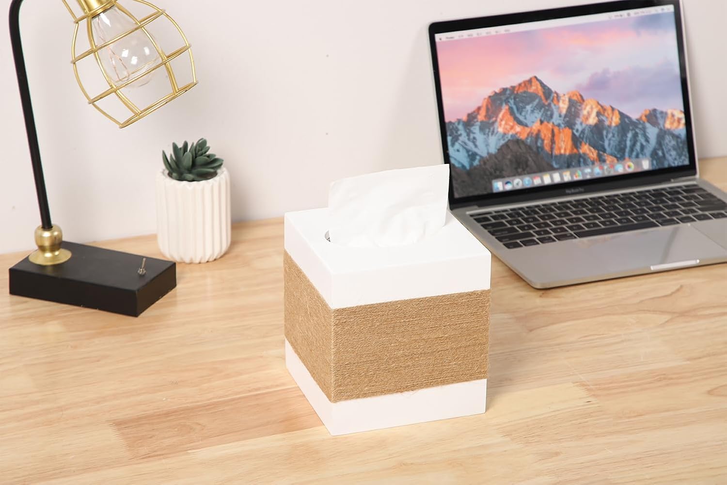 Wood Tissue Box Cover Square / Hemp-rope-square