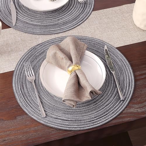 SHACOS Round Braided Placemats Set of 6 Round Table Mats 15 inch Cotton Washable for Holiday Party (Black Gray, 6)