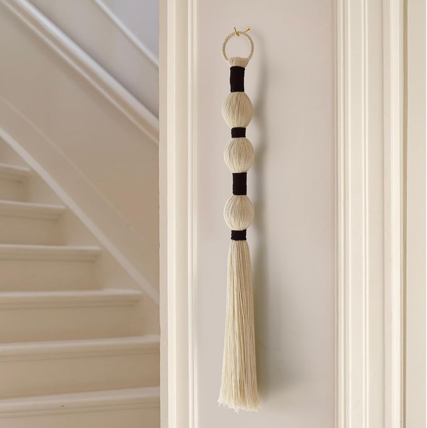 Macrame Wall Hanging Boho Wall Decor Small Sphericity Cotton Textile Tassel / Ivory and Black