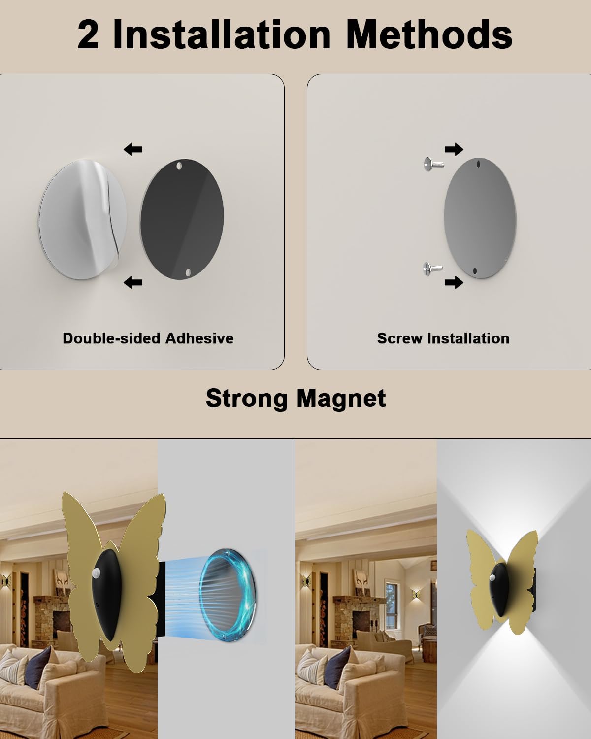Eneru Motion Sensor Wall Sconce Set of 2, Rechargeable Wall Lights, Indoor | 5000mAh Battery Operated Wall Sconces