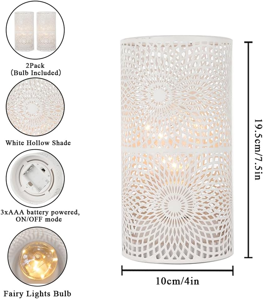 JHY DESIGN Set of 2 White Table Metal lamp Battery Powered Cordless Accent Light with Edison Style Bulb battery