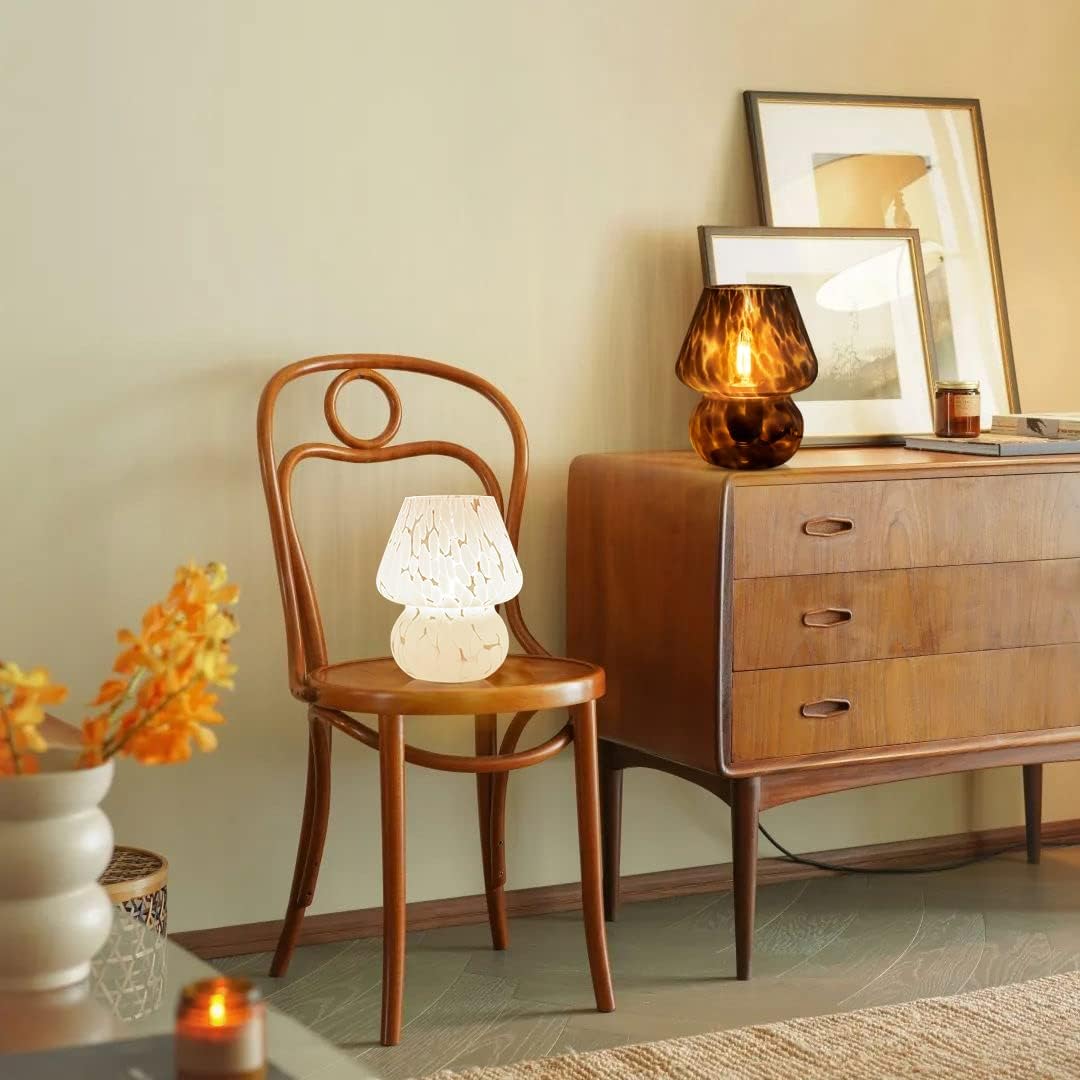 ONEWISH Mushroom Lamp Small Vintage Table Lamp for Bedroom Nightstand, Bedside Lamp Translucent Glass Stepless