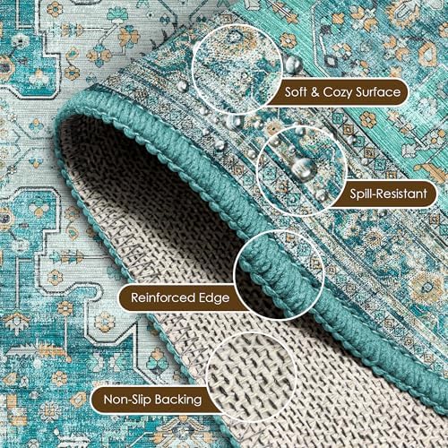 Washable Area Rug 2'6'' x 8' Vintage Traditional Persian Mat - Foldable Distressed Non-Slip Machine Washable Carpet for