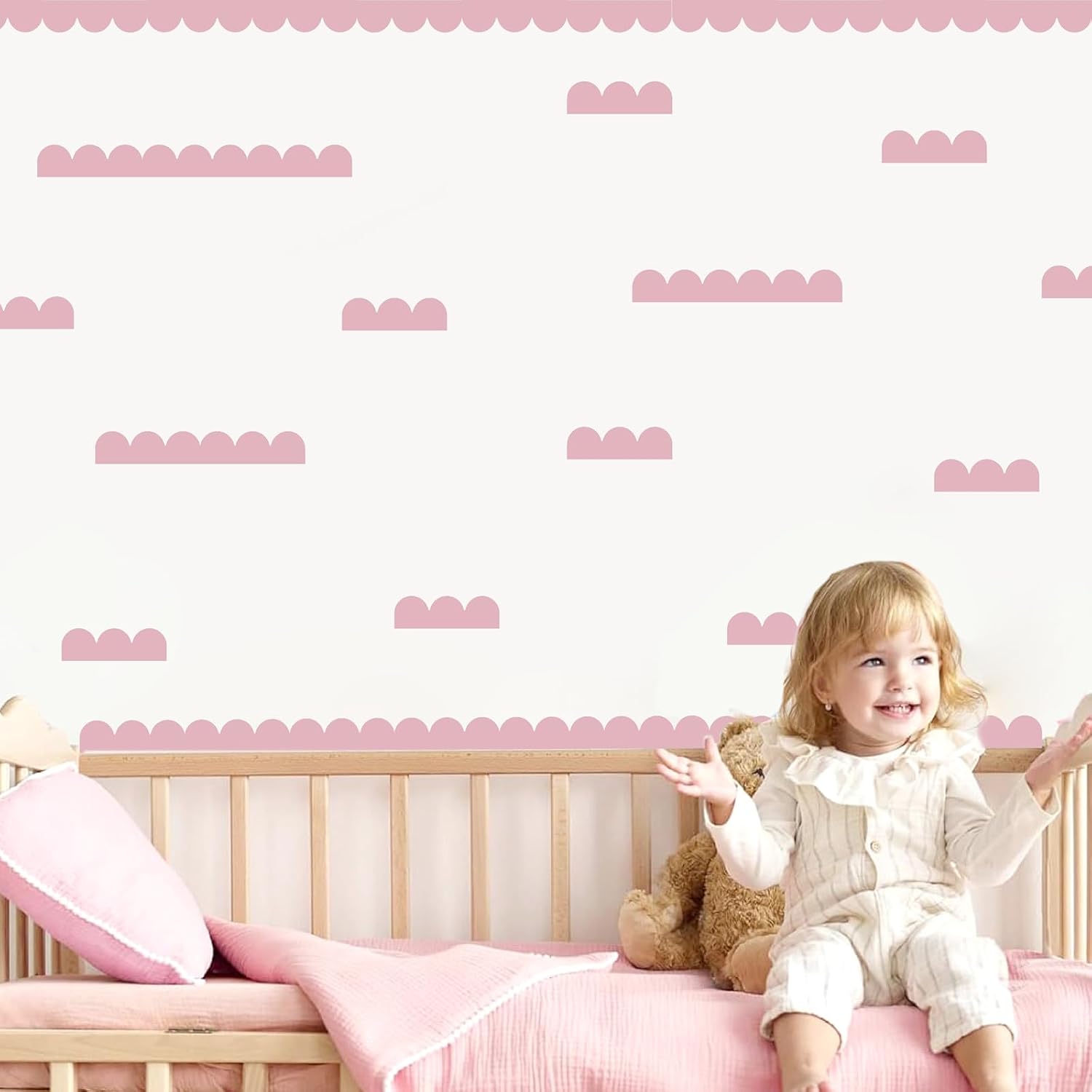 Scallop Border Wall Decals Semi Circle Wall Stickers Geometric Pattern Decal Scalloped / Pink