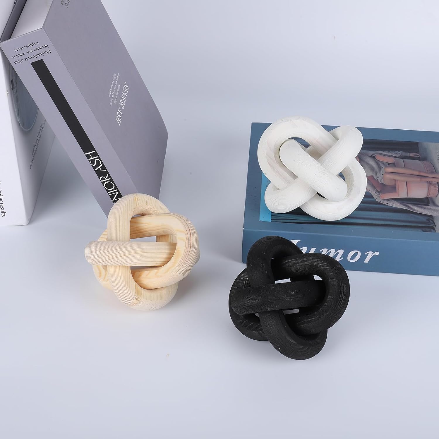Wood Knot Decor Hand Carved Modern Boho Decorative Wood Knot Small 3-Link Decorative Wood / White