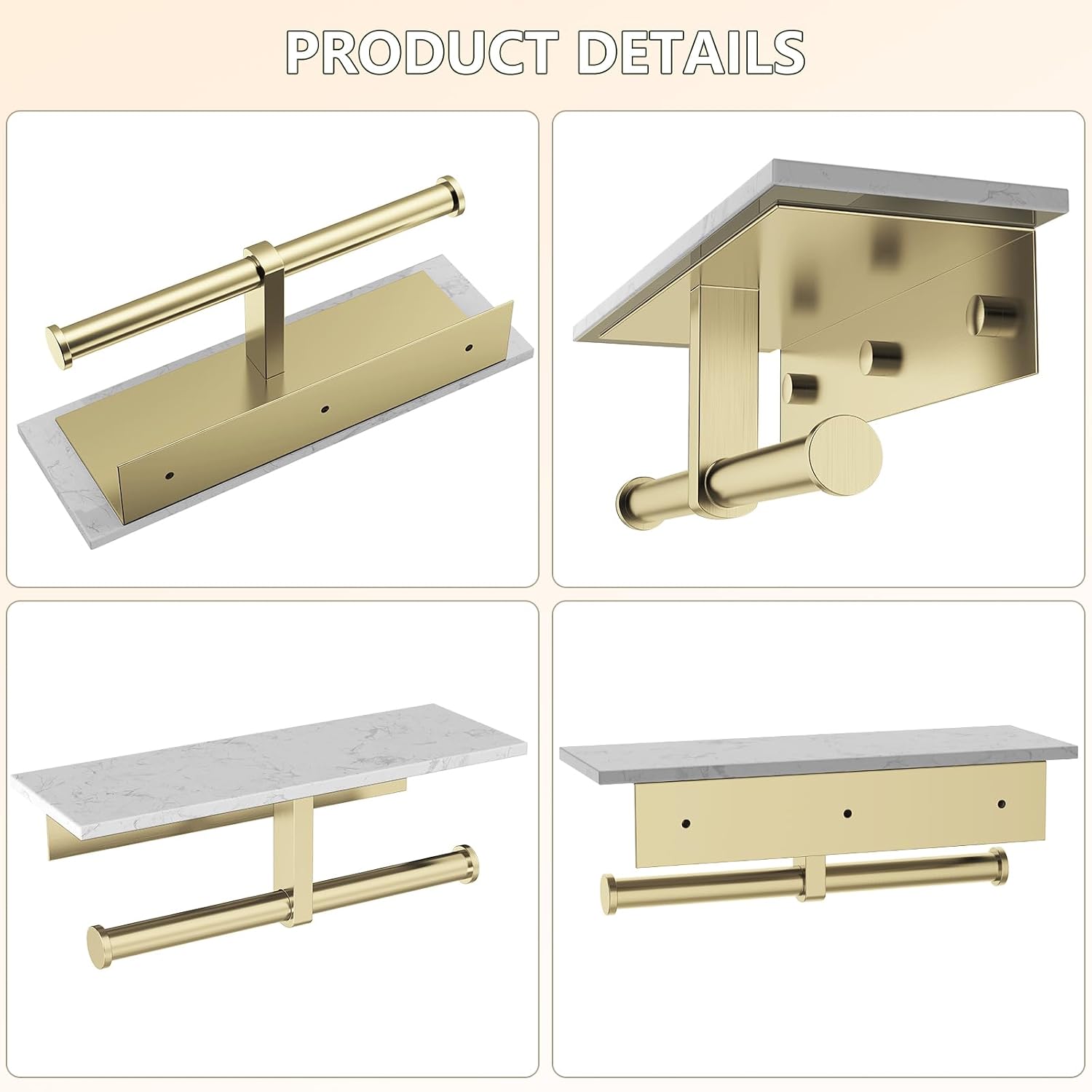 Marble Toilet Paper Holder with Shelf Doulble Bathroom Tissue Roll Holder | Brushed Gold 304 Stainless Steel Toilet