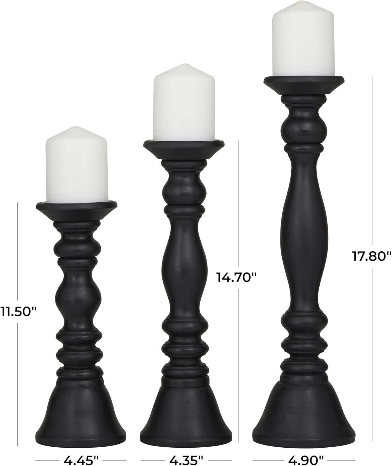 Deco 79 Wood Decorative Candle Holder Turned Style Pillar Candle Stand, Set of 3 Candlestick Holder 18, 15, 12'H, Black
