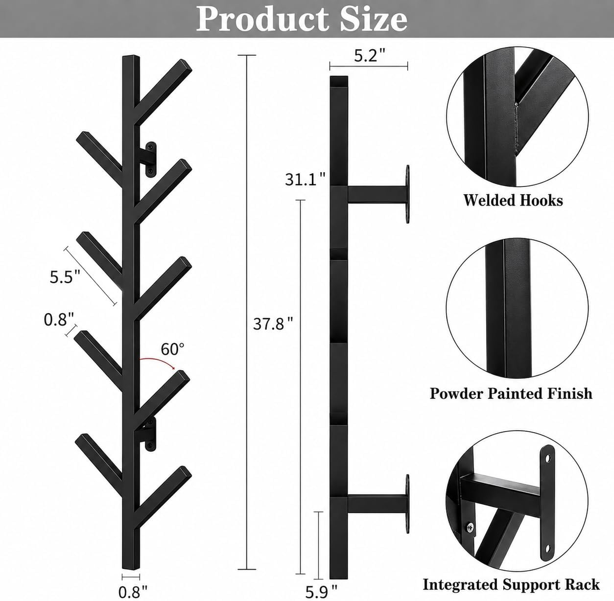 Vlush Wall Mounted Metal Coat Rack with 9 Hooks Modern Minimalist & Upright Coat Rack for Hanging Clothes, Hats
