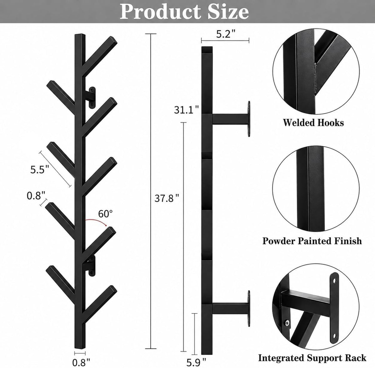 Vlush 2Pack Wall Mounted Coat Rack - 9 Hooks, Modern Metal Design, for Hats, Coats, and Bags - Suitable for Entryways