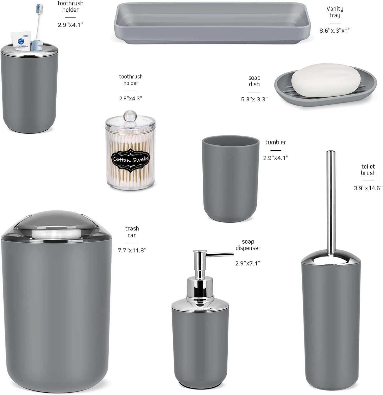 IMAVO Bathroom Accessories Set,Grey Bathroom Set,9 Pieces Bathroom Accessory Set,Tray,Qtip Holders,Toilet Brush,Trash
