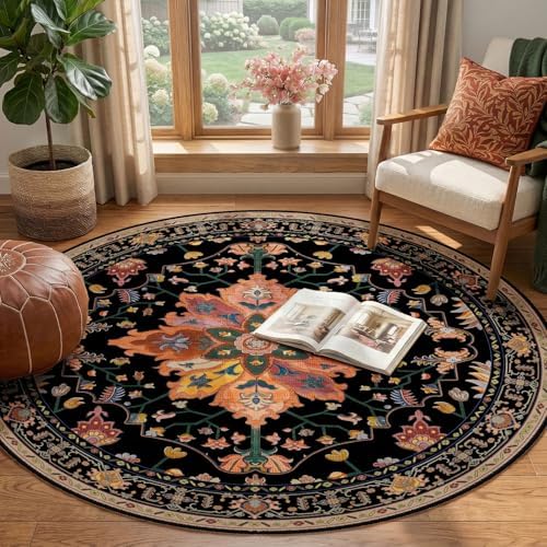 RELEANY Washable Area Rug, Round 4ft, Black/Colorful