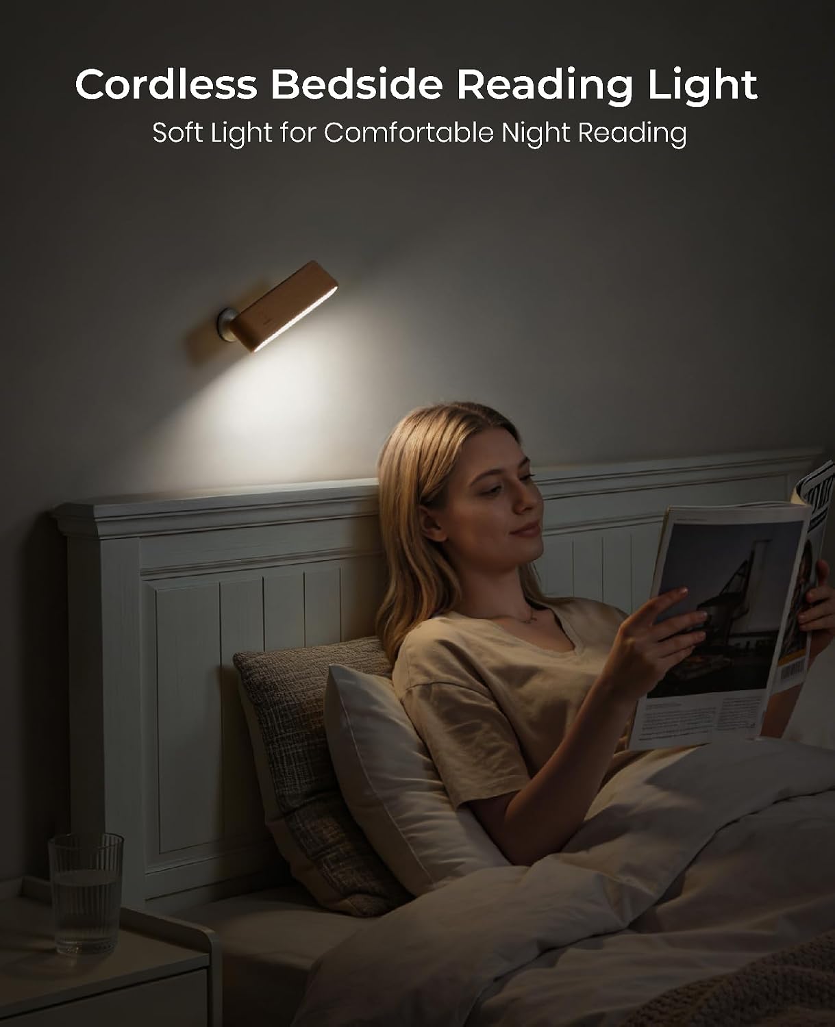 Wood Wall Sconce, Rechargeable Reading Light, Magnetic Bedside Lamp | Touch Control Reading Light for Headboard, 360°