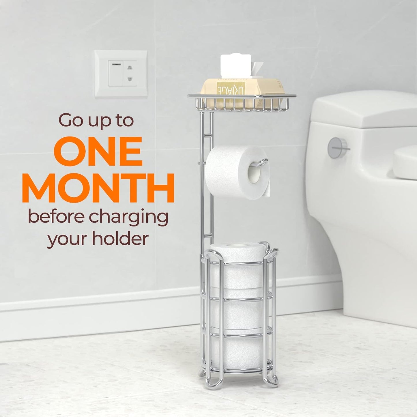 TreeLen Toilet Paper Holder Stand Toilet Tissue Roll Holder with Shelf for Bathroom Storage Holds Phone/ Wipe/ Mega