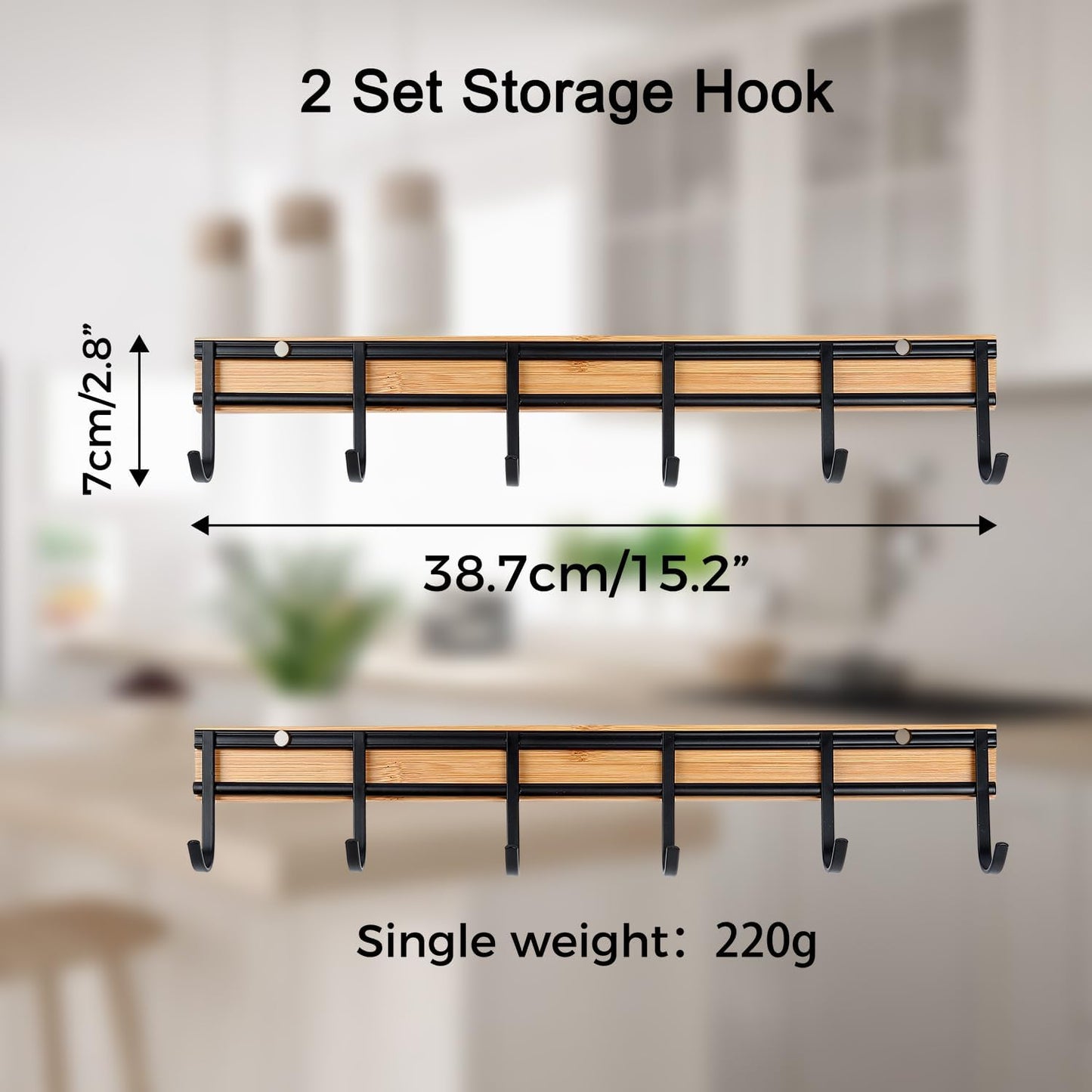 6 Hooks / Kitchen Wall Hooks / Bamboo + Screws / Set of 2