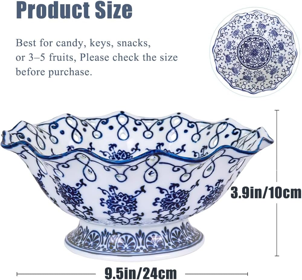 9.5" Large Ceramic Fruit Pedestal Bowl / Medium / Floral / Blue