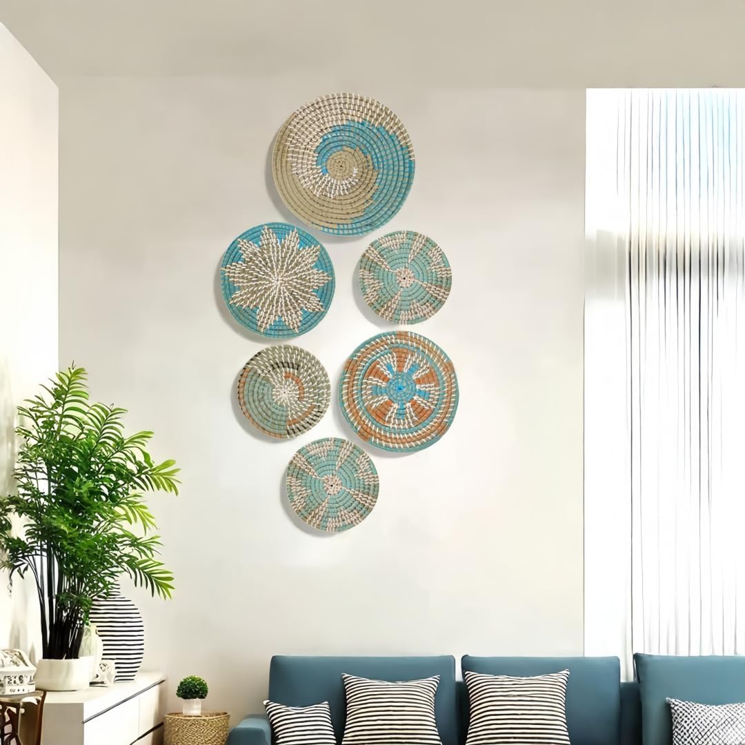 Boho Wall Basket Decor- Rattan Wicker Wall Basket Decorative Round Handmade Hanging / Set of 6