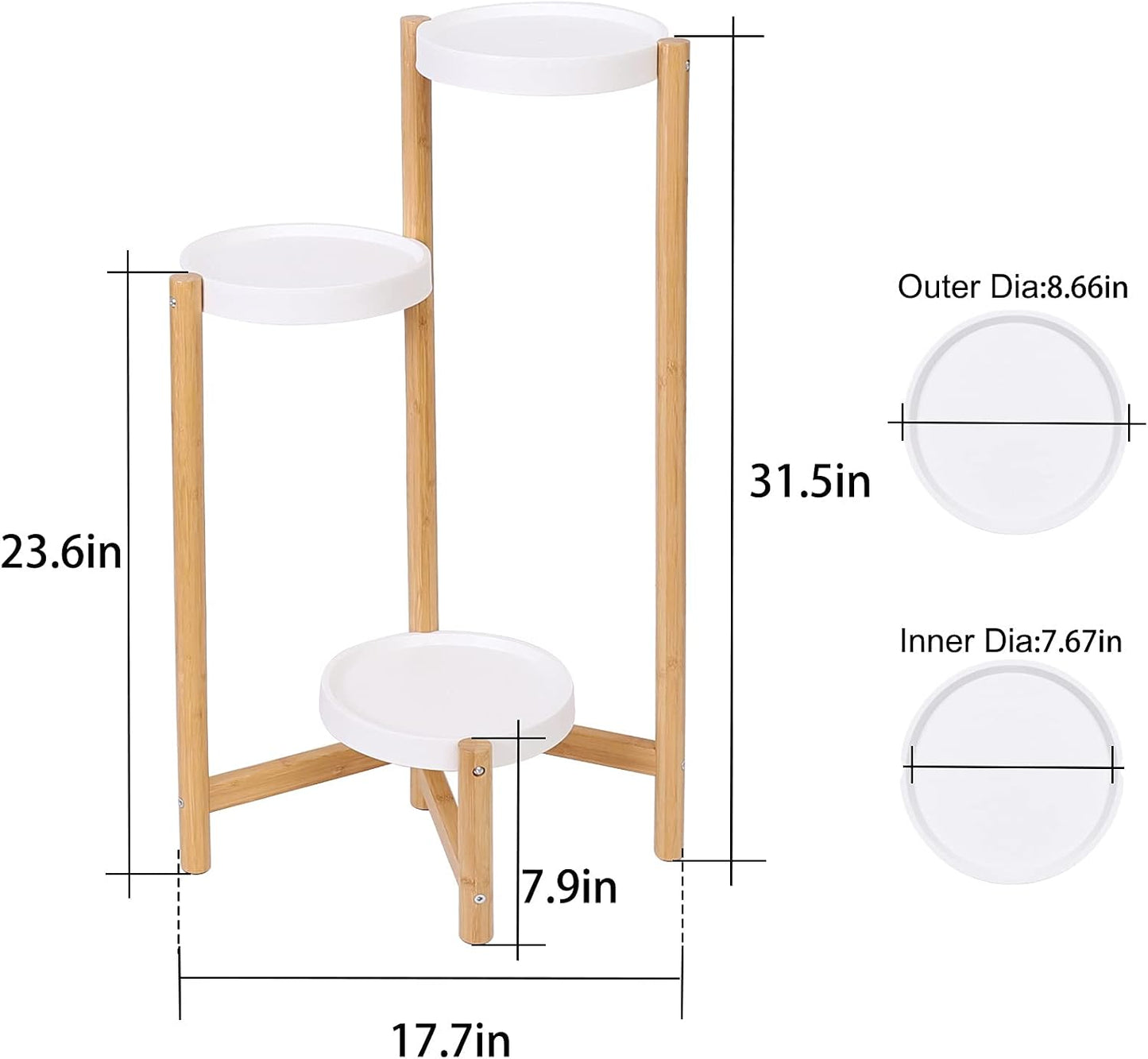 unho 3-Tier Bamboo Plant Stand: Nordic Style Potted Flower Display Shelf Holder Indoor Planter Rack with White Round
