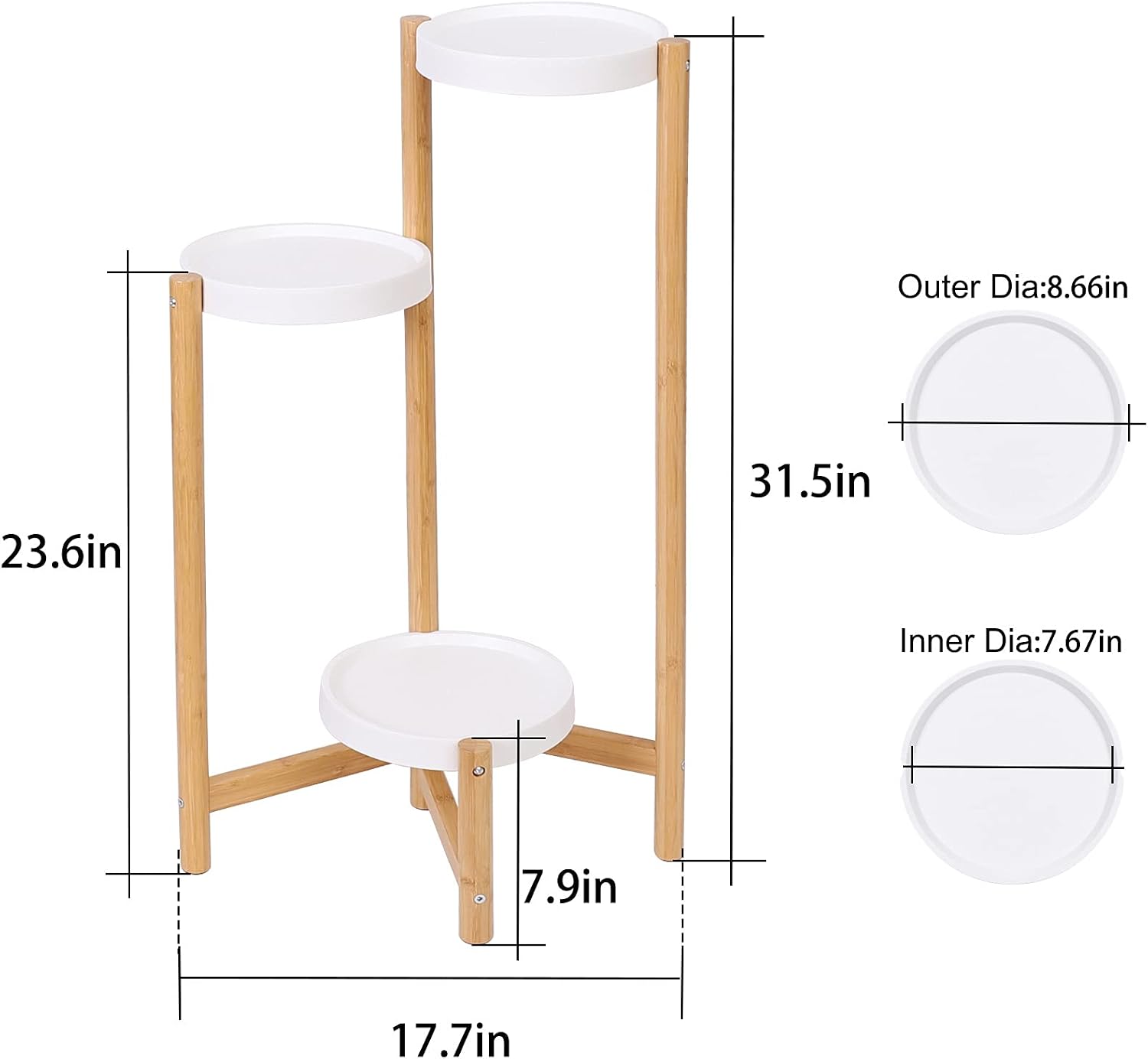 unho 3-Tier Bamboo Plant Stand: Nordic Style Potted Flower Display Shelf Holder Indoor Planter Rack with White Round