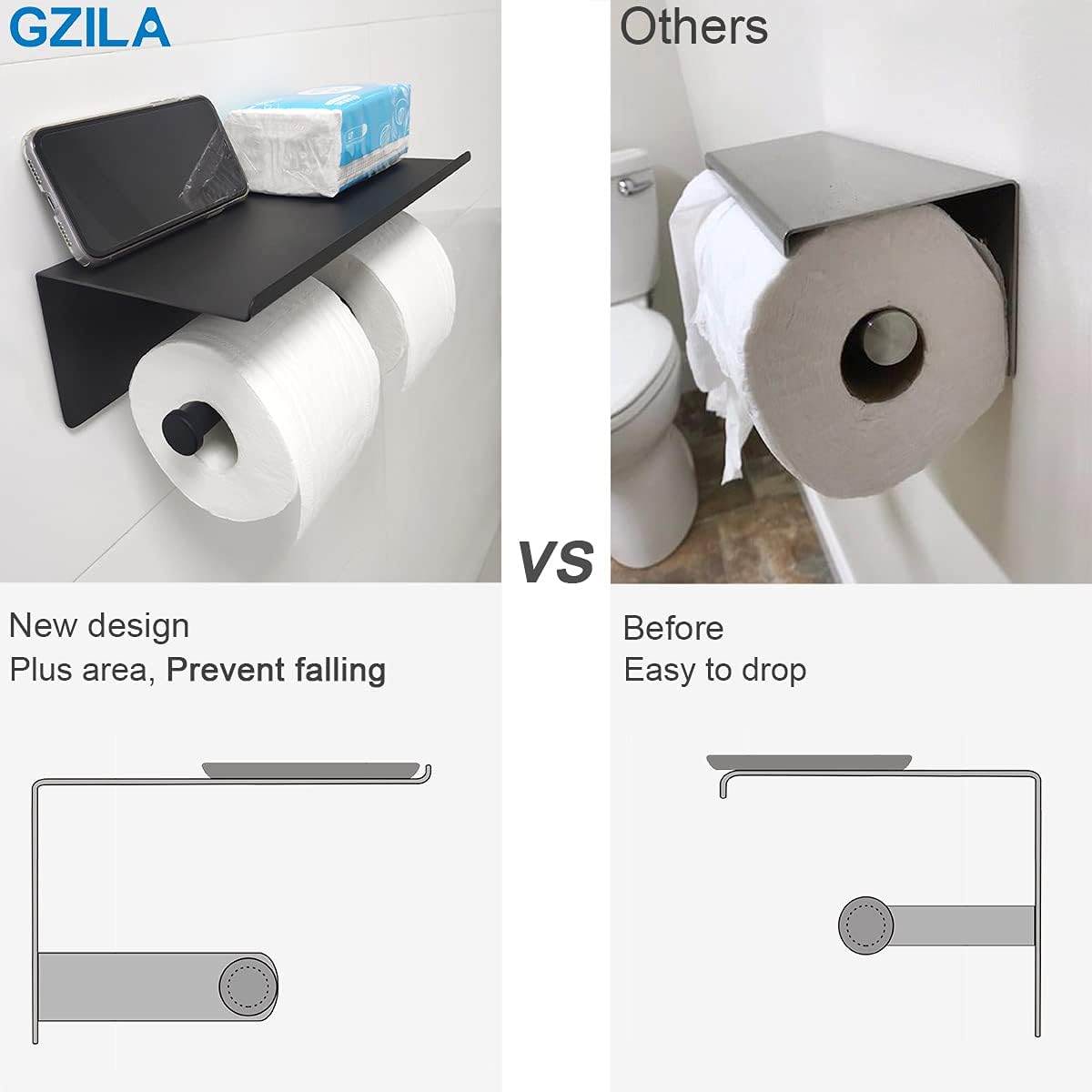 GZILA Double Toilet Paper Holder with Shelf Matte Black Wall Mounted, Dual Large Rolls Tissue Holder Multipurpose TP