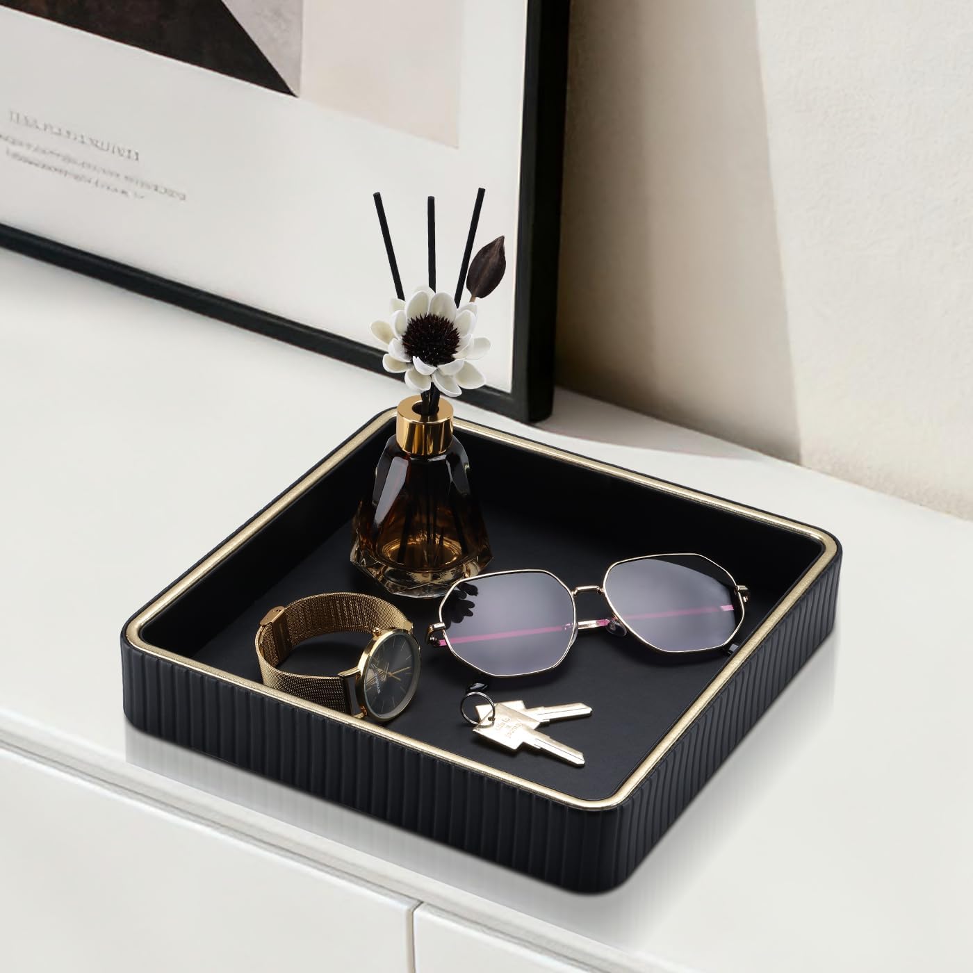 Leather Valet Tray Nightstand Organizer / Black