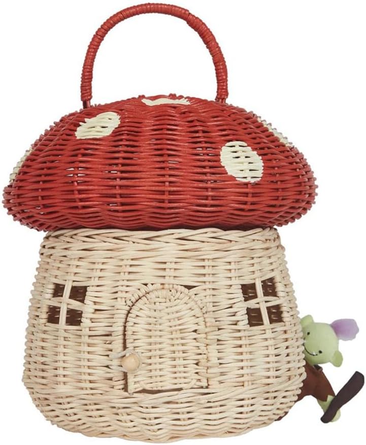 Handmade Rattan Mushroom-Shaped Storage Basket- Handmade Handcrafted Decoration Artwork Rattan / Red