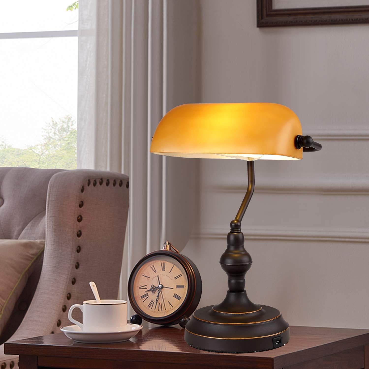 Banker Desk Lamp Touch Control, Oil Rubbed Bronze | 3 Way Dimmable Banker's Desk Lamp, USB-A Port, Amber Glass Shade