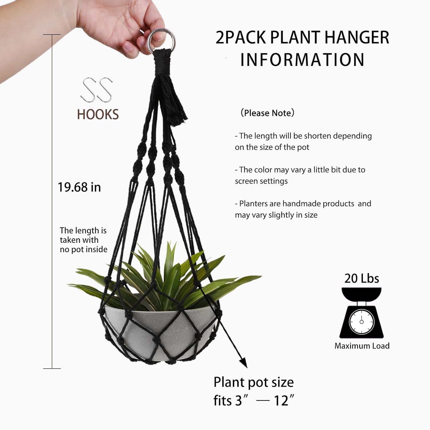 Black Plant Hanger Macrame Hanging Planter / Black Macrame / Set of 2