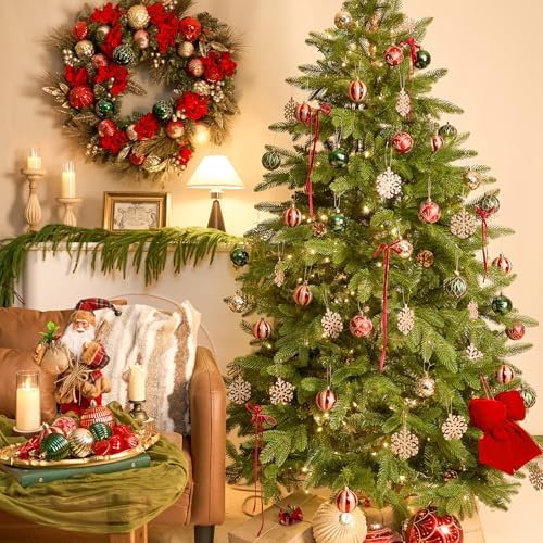 JORNOY Christmas Balls Ornaments, 30ct Shatterproof Xmas Tree Decorations, Hanging Bulbs Baubles Set with String for Holiday Home Party Decor, 2.36 inch/60mm, Red & Green & Gold