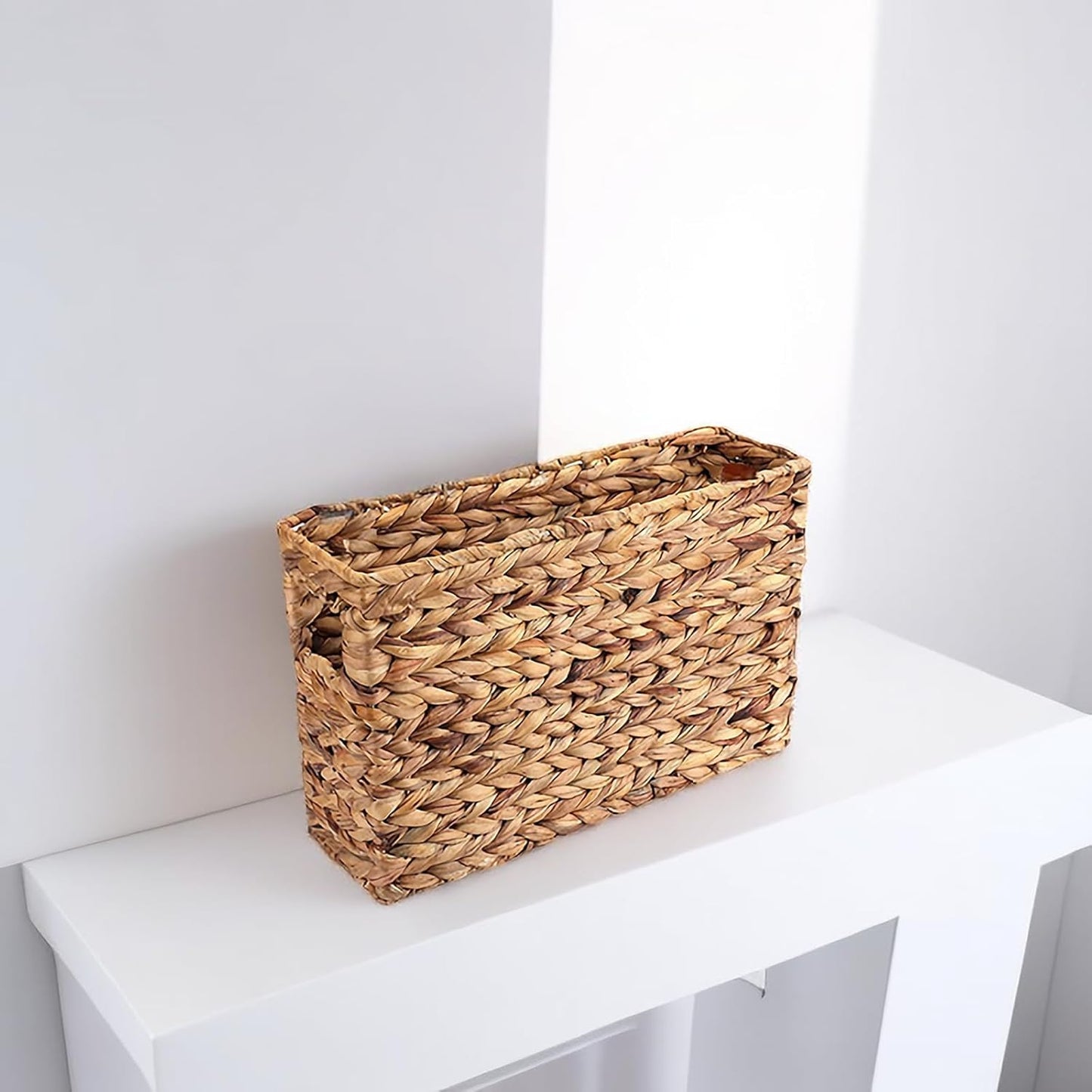 Yesland Hand-Woven Narrow Water Hyacinth Holder Wicker Basket, 15.5 x 5.5 x 9.75 Inch Decorative Magazine Storage