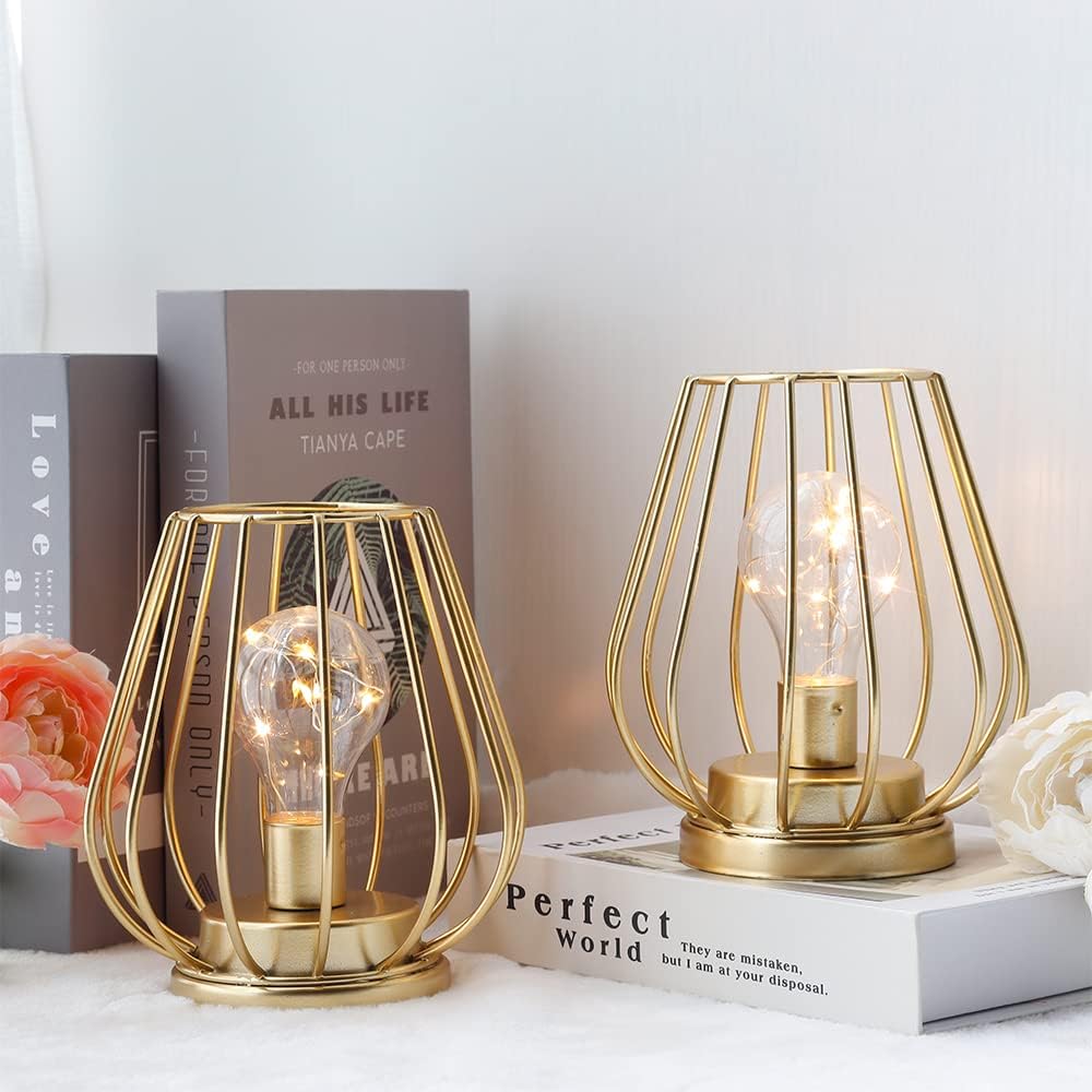 TRIROCKS Set of 4 Metal Battery Operated Lamp 7'' Tall Mini Cage Shape Cordless Table Lamp Battery Lanterns with Warm