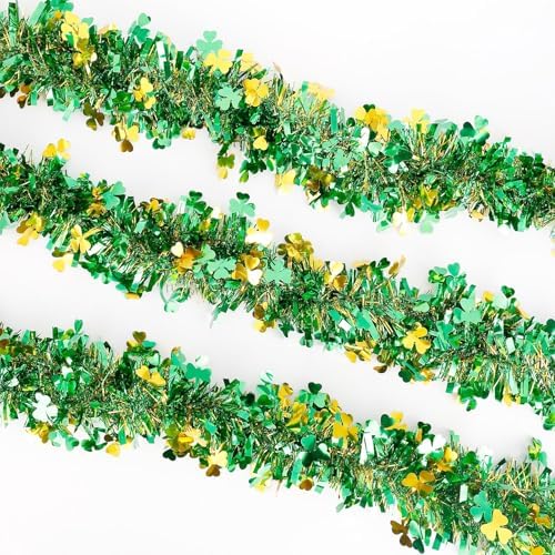 St Patricks Day Garland Decor,50Ft Glitter Tinsel Irish Shamrock Garland Decorations for Tree Mantle Bedroom Office Classroom Party Indoor Outdoor Holiday Home Green Gold