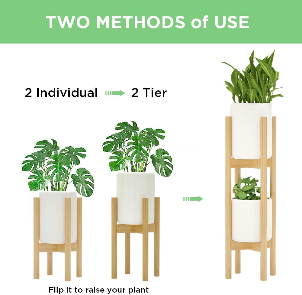 MUDEELA 2 Pack Indoor Plant Stands, 2 Tier Tall Plant Stand 30 inches, Mid Century Bamboo Plant Stand, Adjustable Width