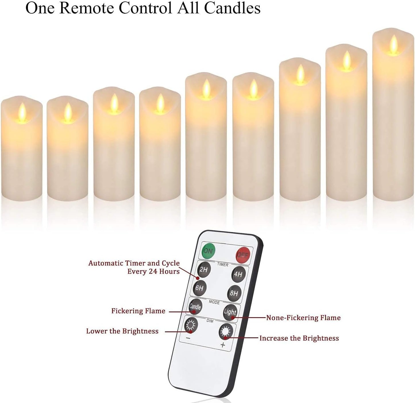 Flameless Candles Set of 9 Ivory Dripless Real Wax Pillars Include Realistic Dancing LED Flames and 10-Key Remote