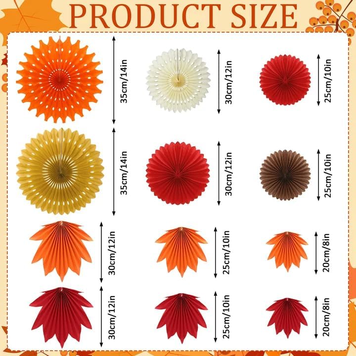 NOVWANG 12Pcs Fall Paper Fan Decorations 6 Maple Leaves and Round Hanging Paper Fans Classroom Office Decoration for Thanksgiving Autumn Harvest Rustic Party Birthday Wedding Decor