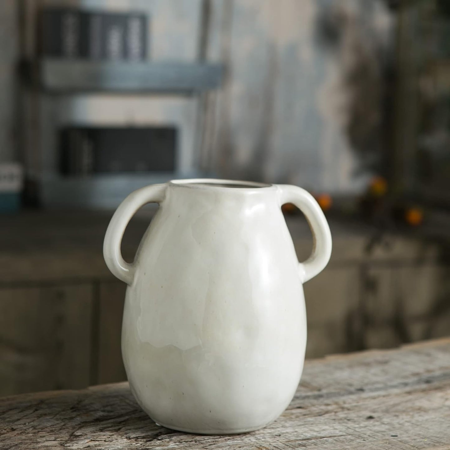 White Ceramic Vase / Double Handle - White