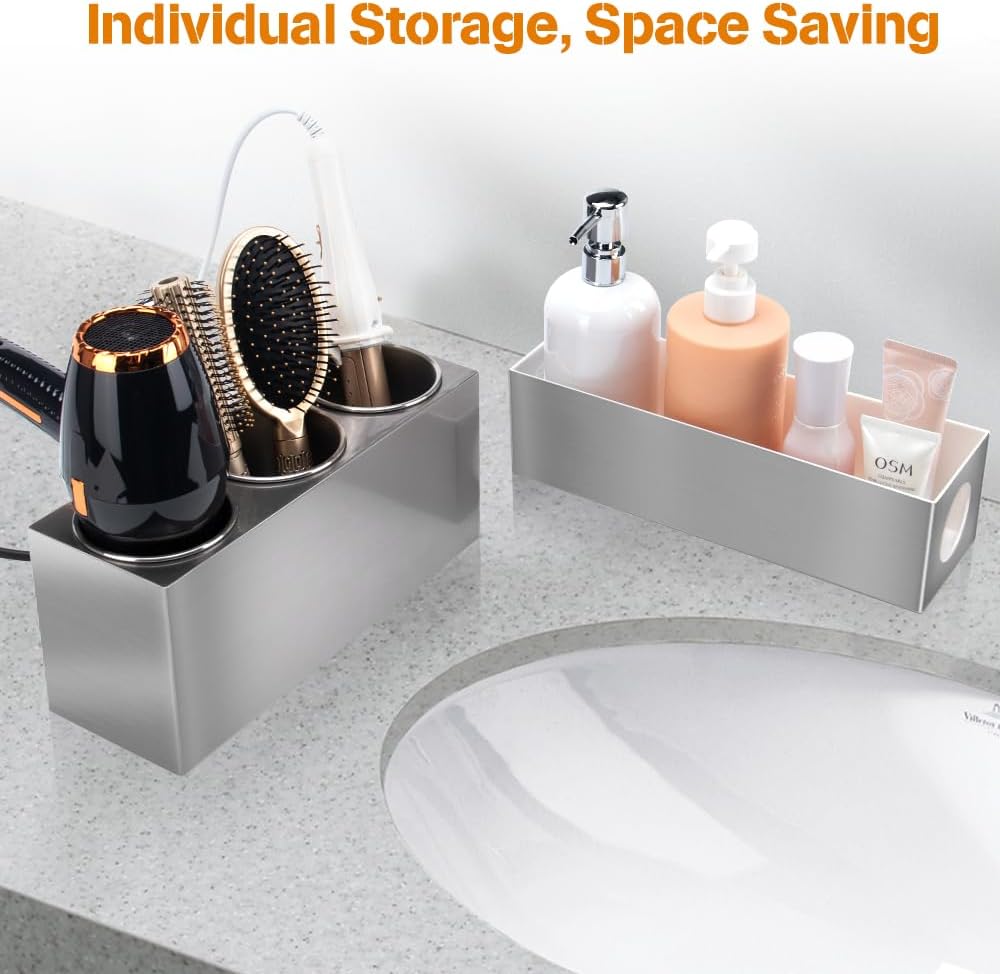 GFWARE Hot Hair Styling Tool Organizer with 3 Stainless Steel Cups, Silver | Bathroom Vanity Organizer Storage, Hair
