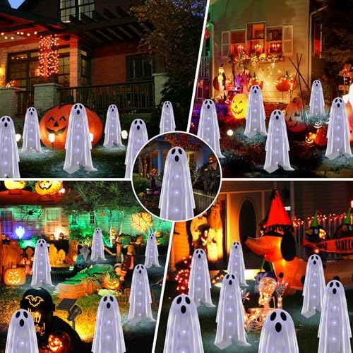 Halloween Decorations Solar Garden Lights Outdoor,6PACKS Halloween Ghost Decorations Lights with Scary Party Gifts Decor,Solar Scary Ghost Path Lights for Halloween Party Decor Cold White