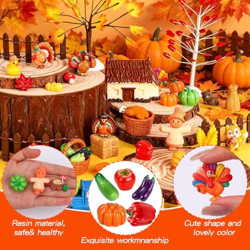 50Pcs Fall Thanksgiving Mini Resin Figures Fall Village Miniature Thanksgiving Farm Figurines Autumn Tiny Little Ducks Turkeys Pumpkins Bulk for Harvest Home Table Garden Dollhouse DIY Craft Decor