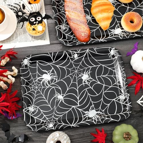 Whaline 3 Pcs Halloween Serving Trays Black White Spider Webs Reusable Melamine Trays Platters for Movie Night Birthday Holiday Party Food Supplies, 10 x 13 Inch