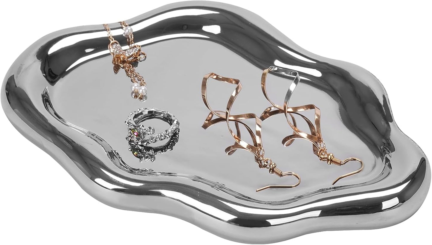 Ceramic Jewelry Tray Dish for Ring Key Trinket / Silver