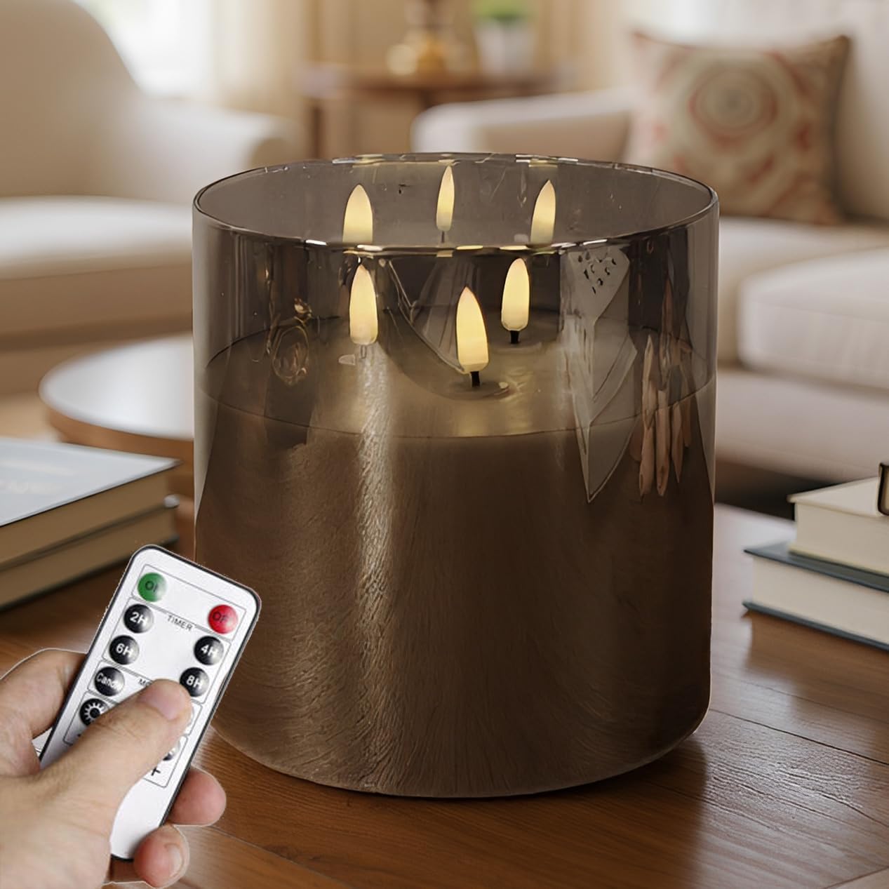 NICEME Extra Large 3 Wick Battery Operated Candle, 6"x6" Big Clear Glass Flameless Candles with Remote, Real Wax