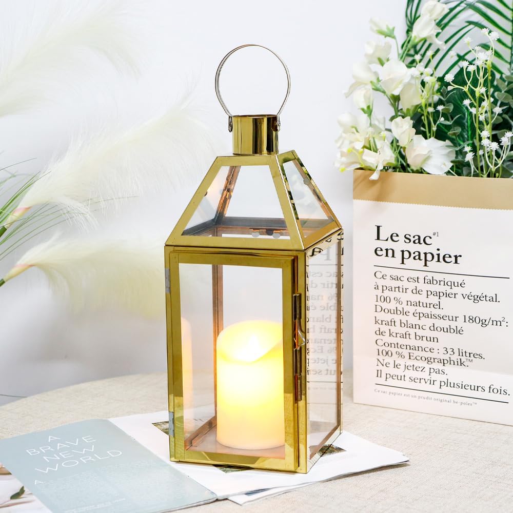 JHY Design Gold Decorative Lanterns 16" H Stainless Steel Candle Lanterns with Tempered Glass for Indoor Outdoor Events