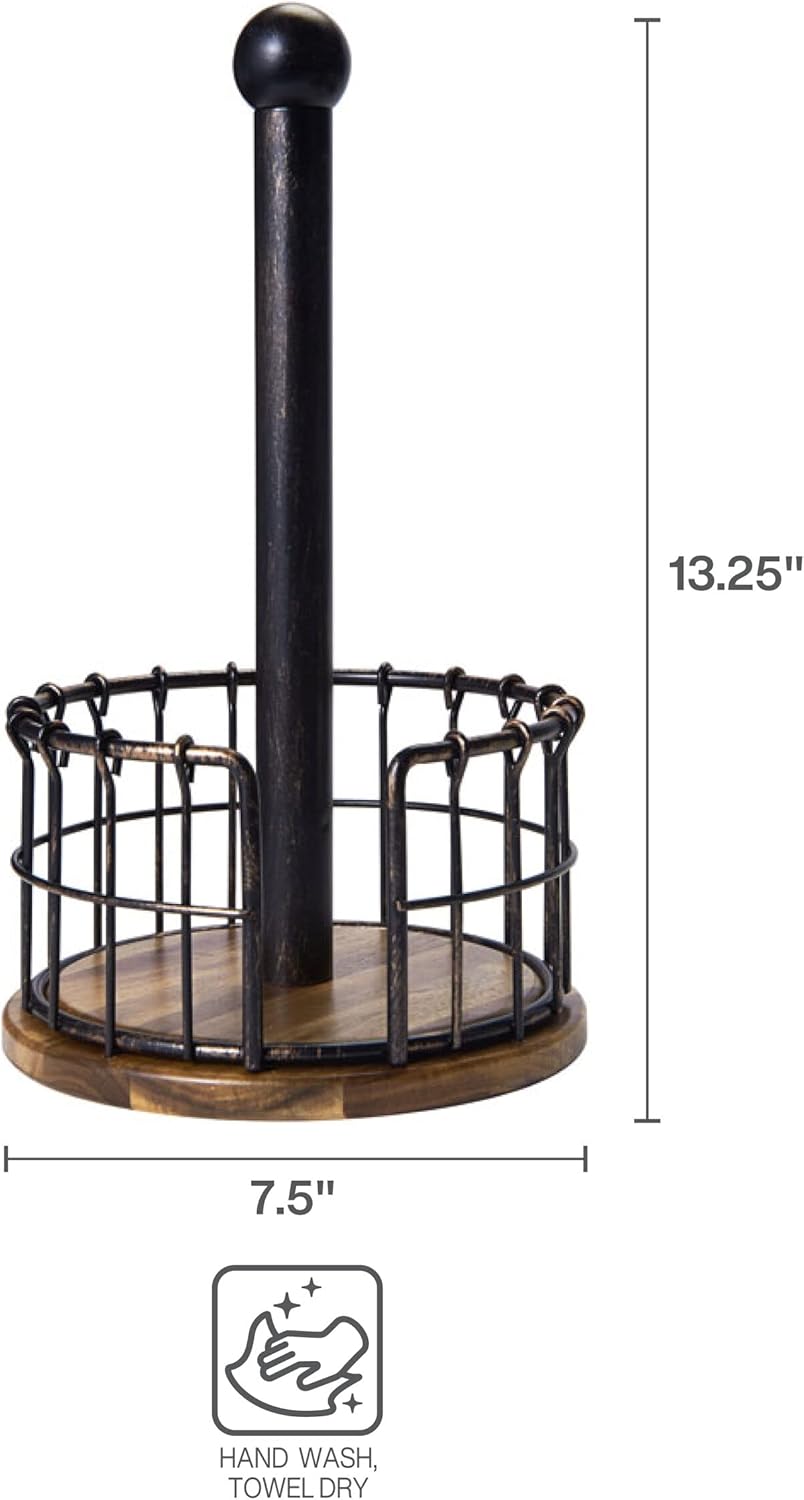Pfaltzgraff Anvil Wire And Acacia Wood Paper Towel Holder, 13.25-Inch, Antique Black