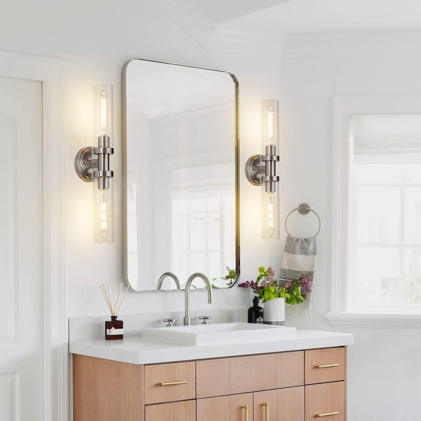 Brushed Nickel 2-Light Bathroom Vanity Light Fixture, Modern Bathroom Sconces Wall Lighting W/Clear Glass Shade