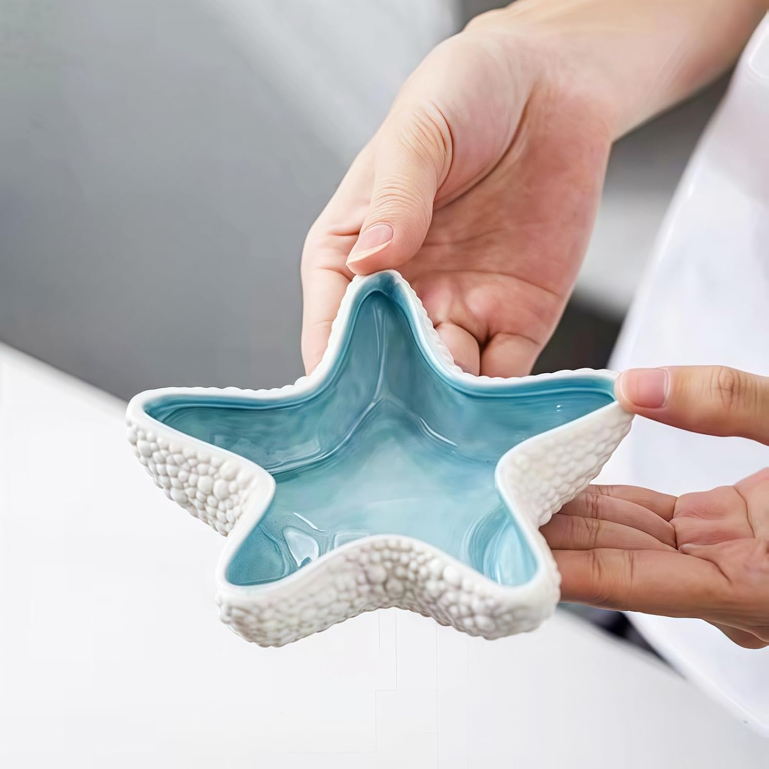 Starfish Jewelry Dish Ceramic Holder Ring Trinket Tray / Sea Blue -starfish