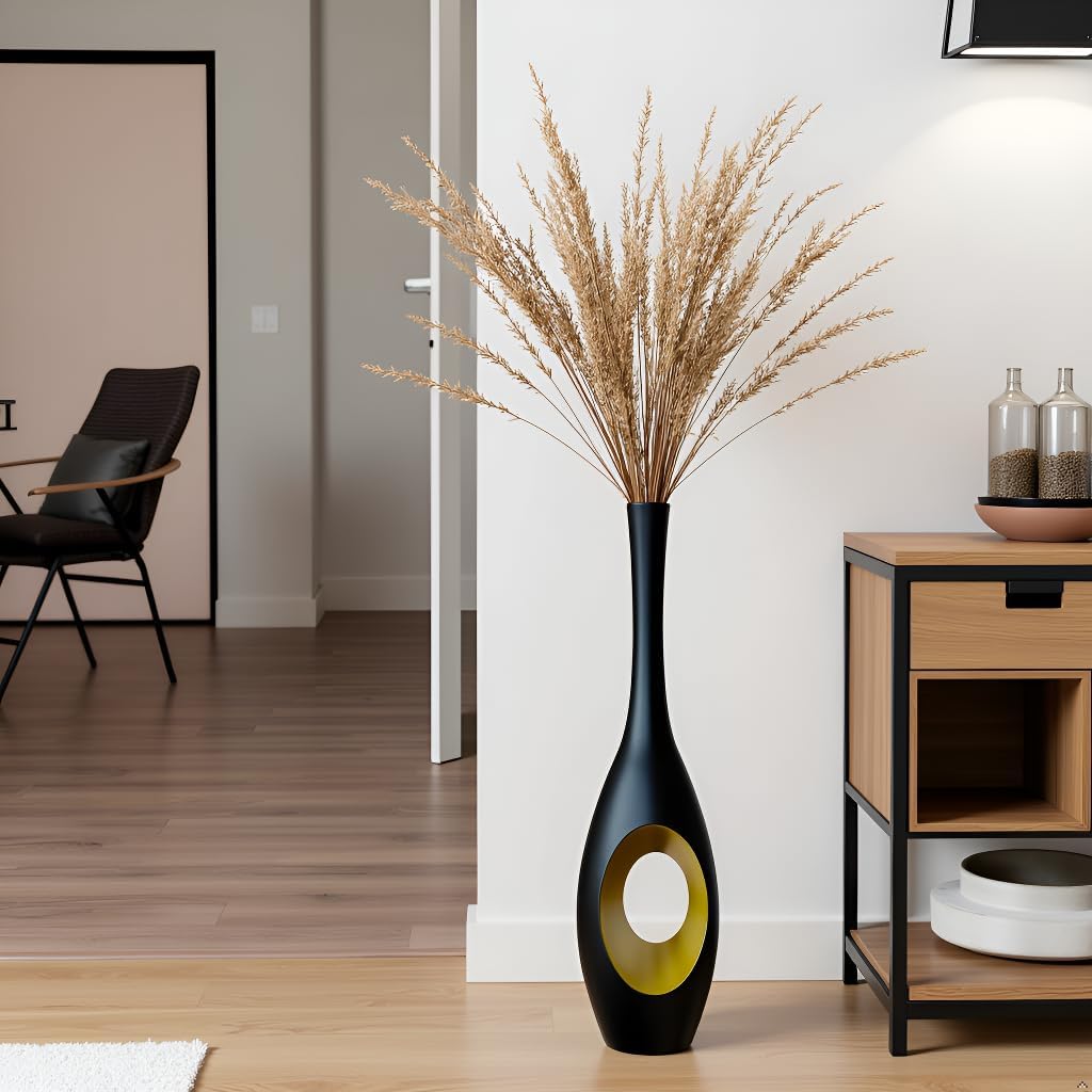 Modern Oval Tall Floor Vase / Black & Gold / 23.6in